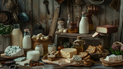 Different types of dairy products on wooden background 