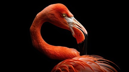 Closeup of a graceful flamingo with its head turned to the side on a black background, exotic beauty and elegance