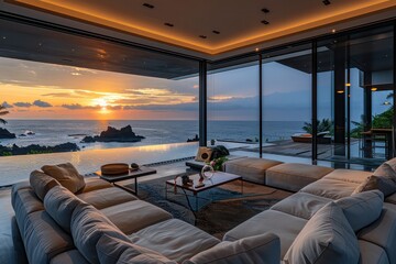 Fototapeta premium Modern Living Room with Ocean Sunset Views