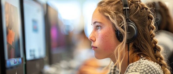 Young woman wearing headphones looks intently at computer screen.
