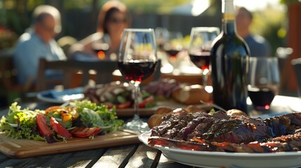 Backyard dinner tables feature delicious barbecue meats, salads, and red wine, with happy, joyful people in the background. 