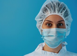 Medical professional in protective gear on blue background for healthcare and safety concept