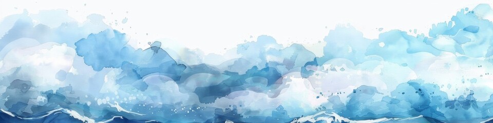 Fototapeta premium Abstract Textured Watercolor Healing Wallpaper: Soft Landscape with Blue Sky, White Clouds, and Blue Waves. Ideal for Indoor Decor, Flyers, Posters, Covers, and Banners. AI-Generated 4K Design.
