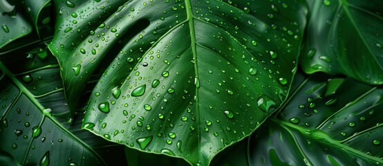 Green leaf with water droplets beauty in nature and serenity close up view of freshness and purity