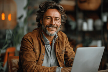 Obraz premium Smiling Businessman Enjoying Online Meeting During Lunch Break in Office