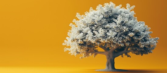 majestic 3D tree with book-leaves each one richly textured set against solid mustard yellow background. The tree represents the spread of knowledge and education.