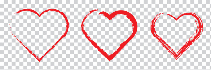 set of red brush painted ink stamp frames with place for your design element. red brush painted ink stamp heart frame on transparent background. Eps 10.