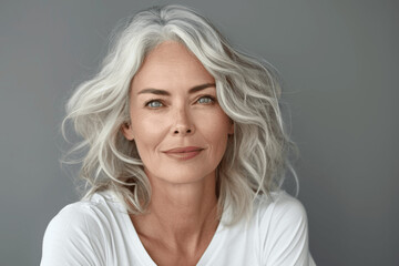 Fototapeta premium Stunning Senior Woman with Gray Hair in White T-Shirt Close-Up Portrait on Gray Background
