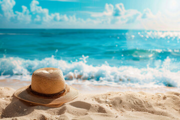 Summer hat on the sandy beach near the sea. Vacation concept