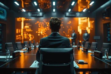 Fototapeta premium A man sits in a chair in front of a computer monitor