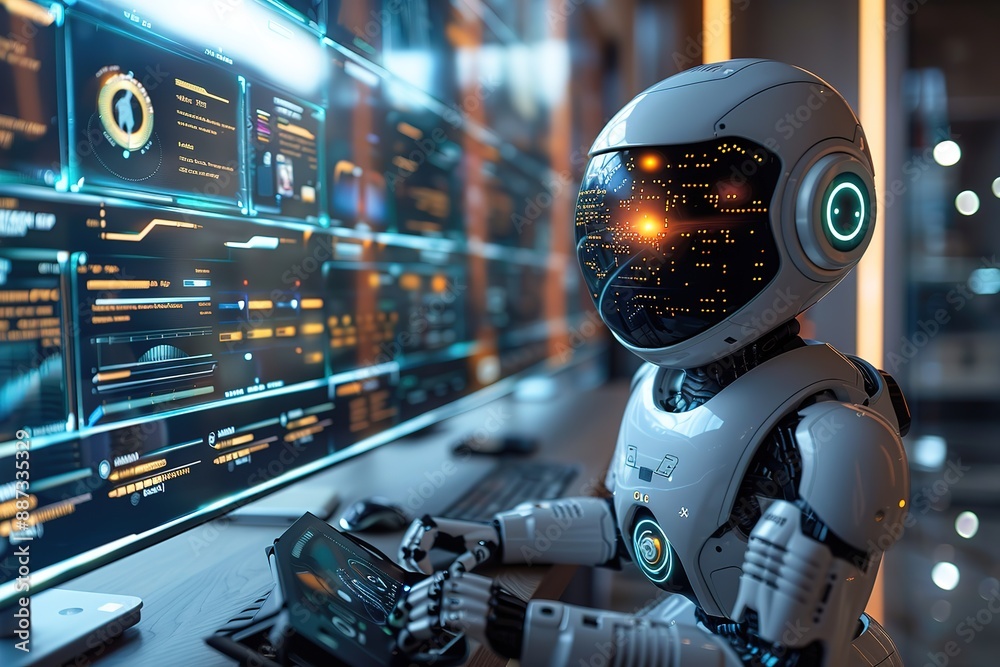 Poster a robot is sitting in front of a computer monitor with a keyboard and a tablet