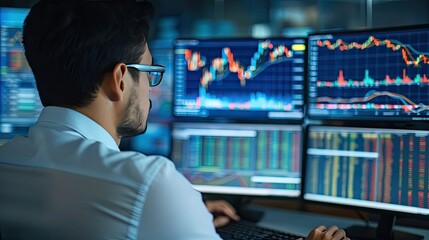 Fototapeta premium Man monitoring stock market charts on multiple screens. Suitable for financial, trading, data analysis, investing concepts in presentations, articles.