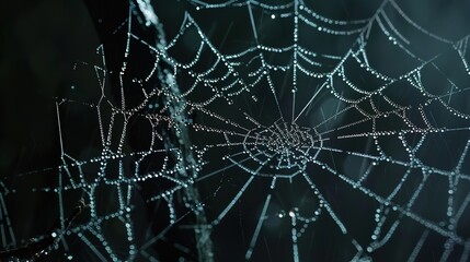 close-up of Spider web covered in water drops 