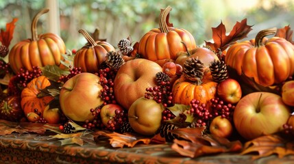 A close-up view of a festive fall display featuring pumpkins, apples, pinecones, and fall foliage. The arrangement is set on a rustic wooden surface, highlighting the warm colors and textures of the s