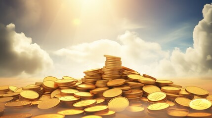Pile of gold coins against blue sky with clouds, ideal for financial concepts, investments, savings, wealth, success, or business backgrounds.