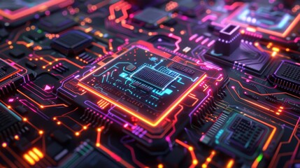 Fototapeta premium Illuminated Futuristic Circuit Board with Advanced Technology Components and Holographic Data Streams