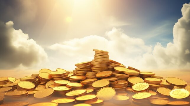 Pile of gold coins against blue sky with clouds, ideal for financial concepts, investments, savings, wealth, success, or business backgrounds.