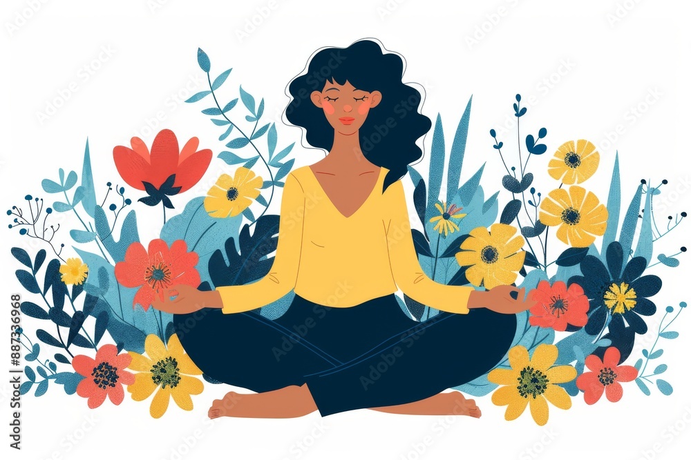 Poster A colorful and cheerful digital illustration of a woman meditating in a floral garden, conveying relaxation, mindfulness, and a connection with nature.