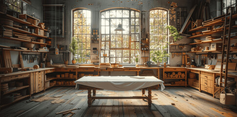 Modern Wooden Furniture Workshop with Sunlit Windows, White Fabric Covered Table, Surrounded by Tools and Wood