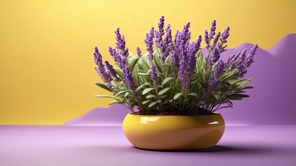 3D realistic lavender plant in yellow background with empty space text