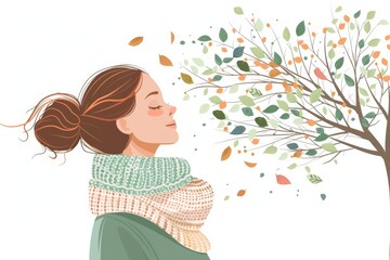 A serene and peaceful illustration of a woman embracing a tree with swirling leaves, set against a soft background, symbolizing connection with nature and tranquility.