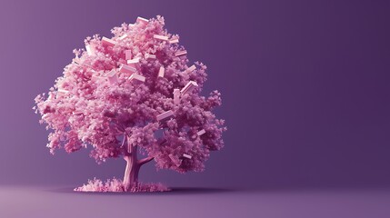 majestic 3D tree with books as leaves each one richly textured standing tall on solid royal purple background. The books shimmer as if imbued with endless knowledge.