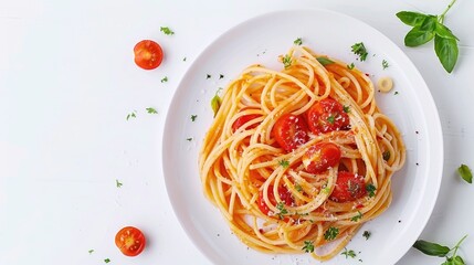 Grilled tomato spaghetti on white plate with simple background Top view for text