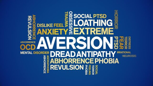 Aversion animated word cloud;text design animation tag kinetic typography seamless loop.