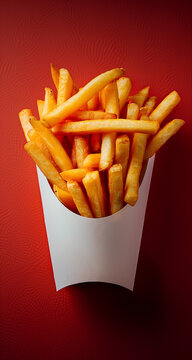 Delicious french fries in the red box on red background