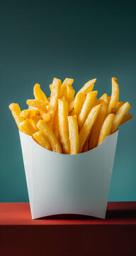 Delicious French fries in the white box on dark background