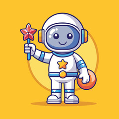 Obraz premium A flat thin line baby astronaut right hand up and holding an star...