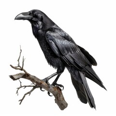 Fototapeta premium Gothic Raven: Dark and Mysterious Halloween Bird Perched on Branch, Isolated on White Background