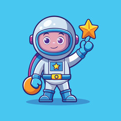 A flat thin line baby astronaut right hand up and holding an star...