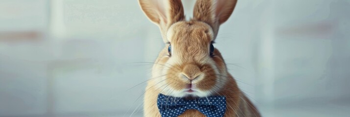 A close-up portrait of a rabbit wearing a blue bowtie, looking curious and charming against a soft, blurred background