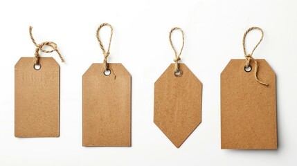 Brown blank labels and tags isolated on white background top view Mockup