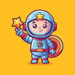 A flat thin line baby astronaut right hand up and holding an star...