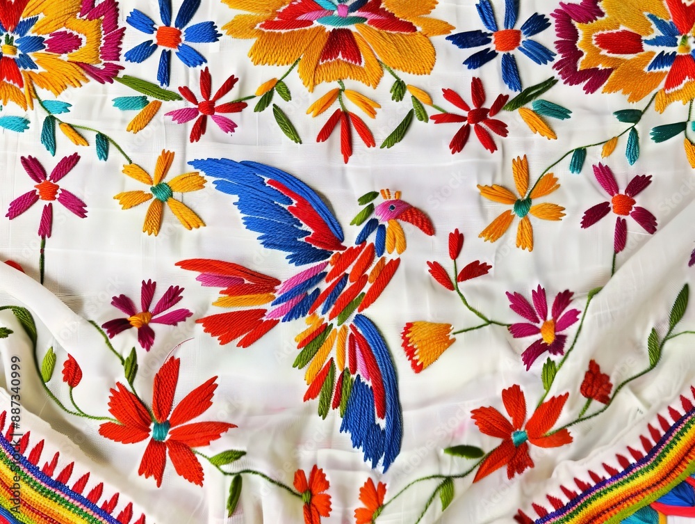 Wall mural colorful mexican embroidery floral pattern on a white background