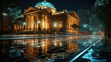 Fototapeta premium Wet night street reflects lit classical bank building in the city. Atmospheric urban shot. Perfect for cityscape, architecture, and nightlife concepts.