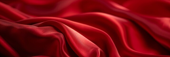 Obraz premium A close-up of a smooth red silk fabric with a luxurious sheen. The fabric is draped in soft folds, highlighting its texture and vibrant color
