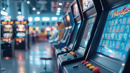 A bustling arcade with players competing on classic arcade machines.