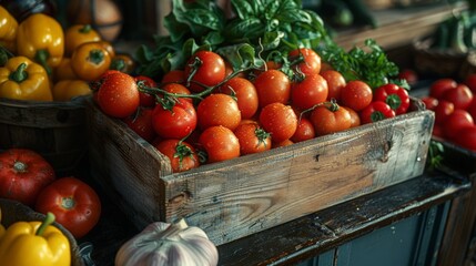 Wooden box full of colorful vegetables on a black background