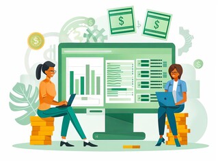 Enterprise resource planning, currency exchange, flat design illustration