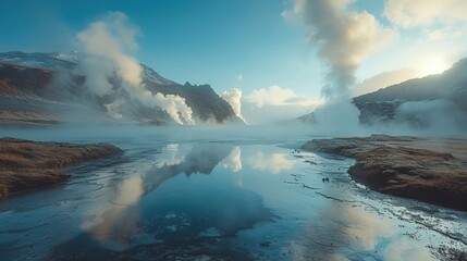 Obraz premium Stunning Geothermal Landscape with Steaming Vents and Reflective Water in a Serene Mountainous Region