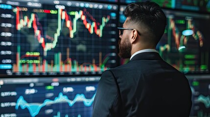 Fototapeta premium Man in suit and glasses analyzing financial charts and stock market data. Suitable for finance, business, investment concepts. Growth and success themes.
