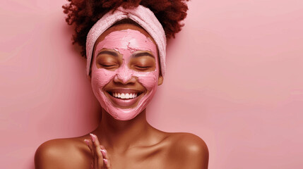 Happy African American woman with pink clay mask smiling on pastel background natural organic skincare beauty concept illustration