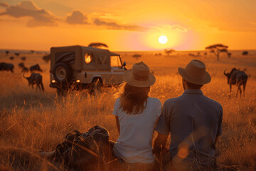 Obraz premium young couple on safari in Africa watching sunset with jeep and wildlife on savannah grassland