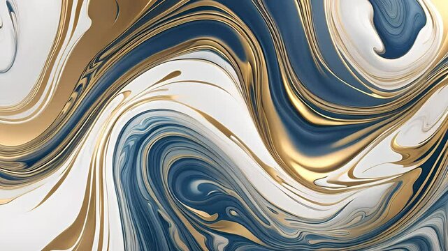Refined abstract fluid marble pattern with flowing blue and gold hues on white