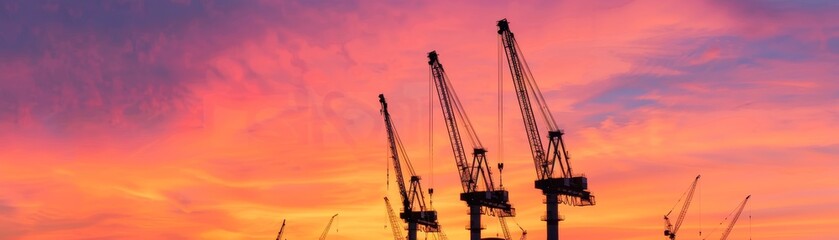 Fototapeta premium silhouetted industrial cranes at sunset with vibrant orange and pink skies - dramatic harbor scene