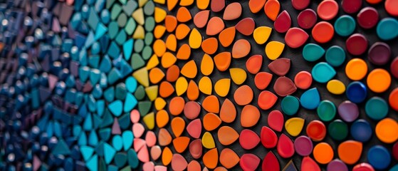 abstract colorful pattern of teardrop shapes arranged in a rainbow gradient on a dark background.