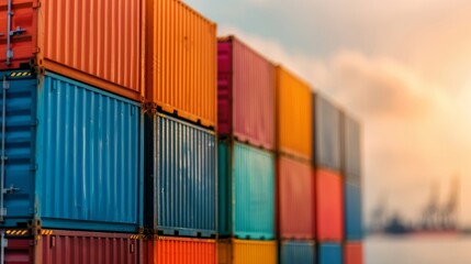 stacked cargo shipping containers at sunset, international trade and logistics, global commerce, industrial import export business, colorful metal shipping containers, port terminal, sunset sky, water